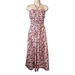 Jason WU Halter Strapless Floral Smocked Midi Dress in Pink Brown Women's Small
